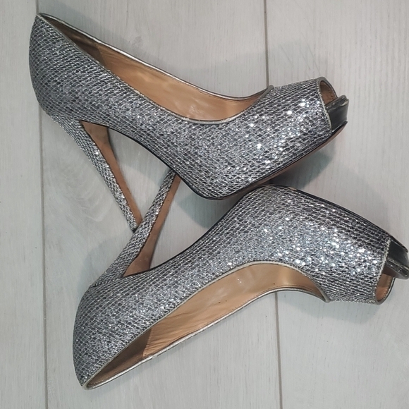 Badgley Mischka Womens Sparkly Glitter High Heels Open Toe shoes sz 7M - Picture 8 of 13
